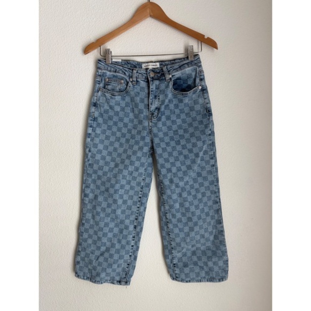 Almost Famous Checkered Wide Leg Jeans Light Wash Blue Denim Skater Pants Size 3